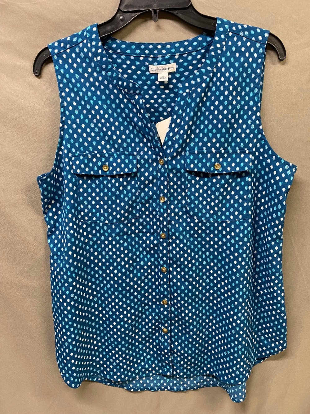 Croft & Barrow Women's Sleeveless Teal Button Up Polka Dot Blouse Size M NWT